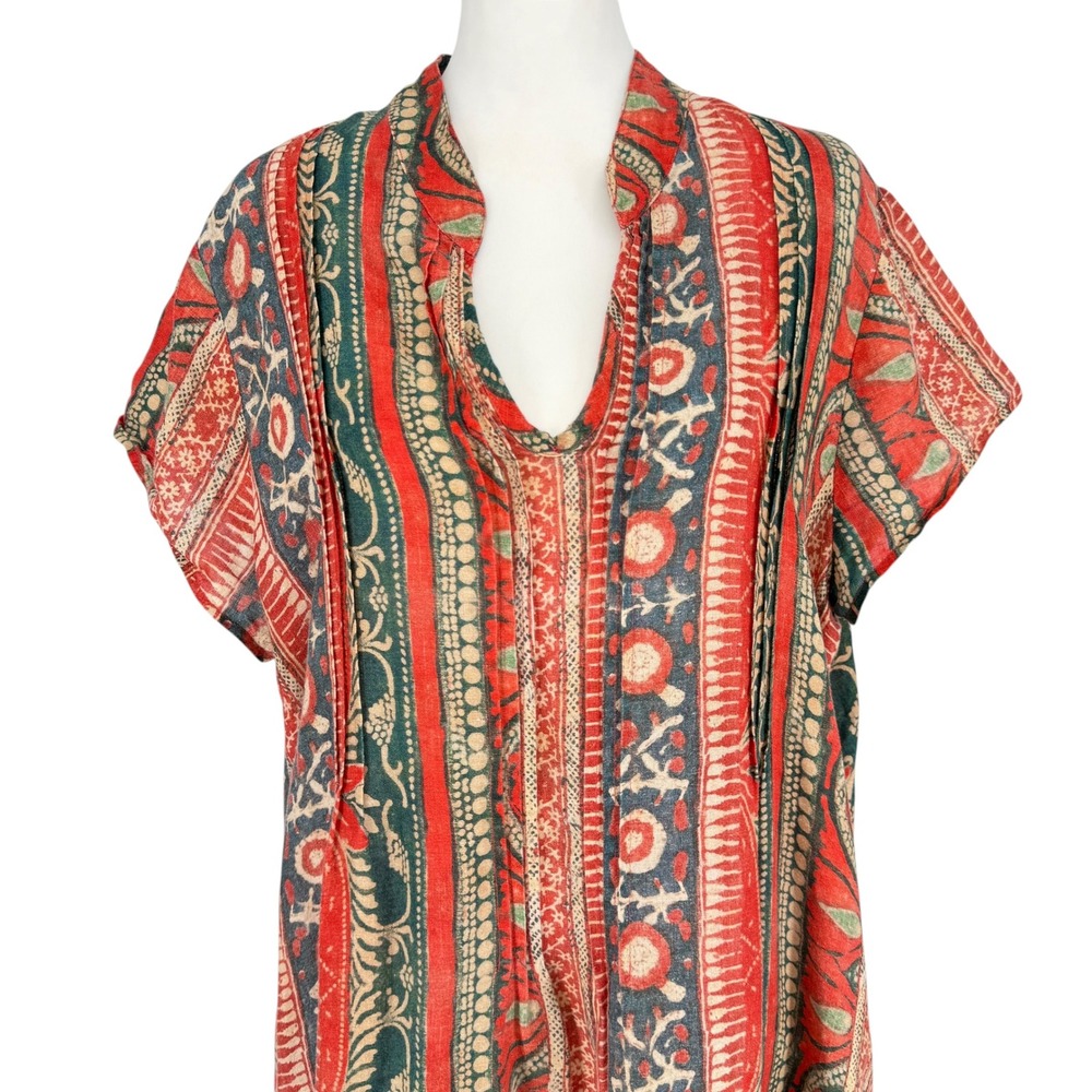 Peruvian Connection Block Print 100% Linen Maxi Caftan Long Dress XL Pockets - Picture 3 of 8